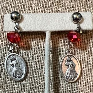 Silver and Red Religious Dangle Earrings